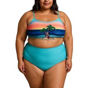 Disney Womens Teal Minnie Mouse Bikini High Waist Swimwear Retro Pinup Beach 2X